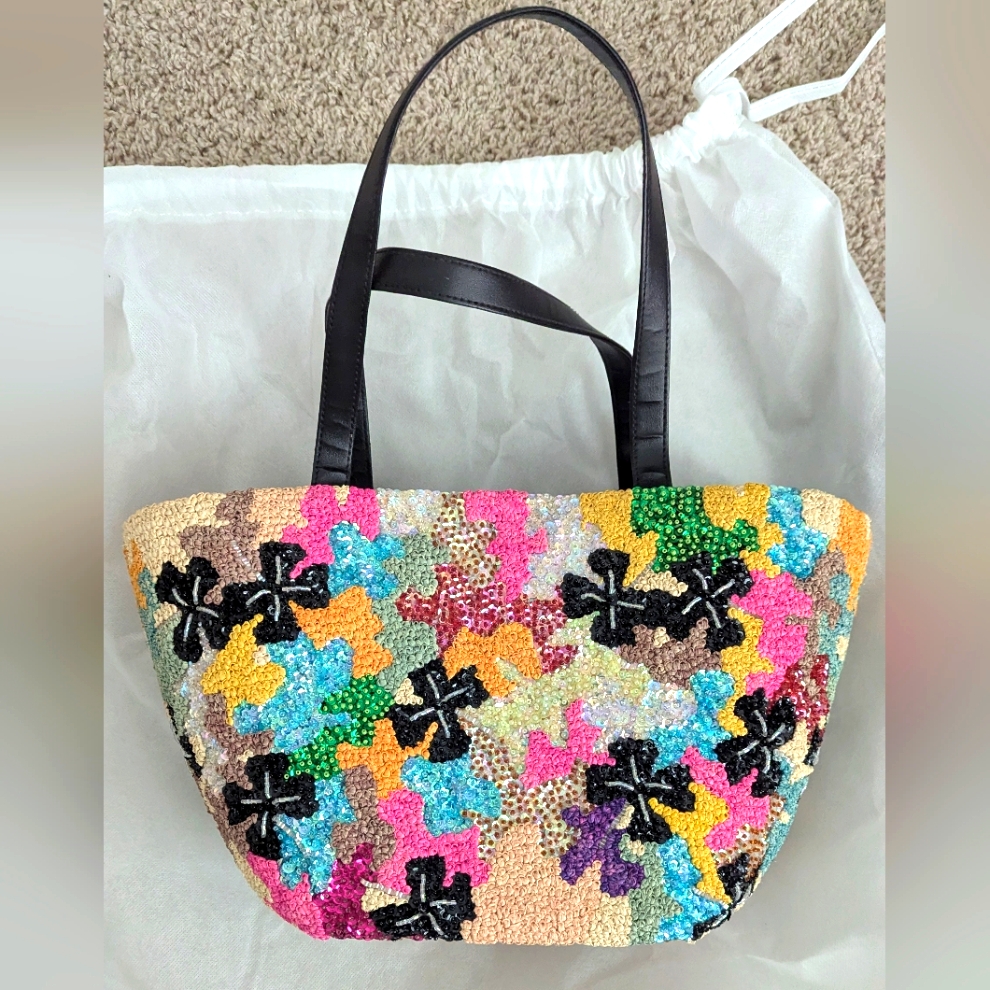 Timmy Woods Vintage Designer Floral Beaded Sequin Macrame Crochet Tote